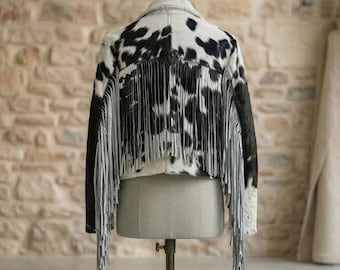 Handmade Cowhide Leather Fringe Jacket, Western Boho Cowgirl Coat, Custom Tailored Biker Style