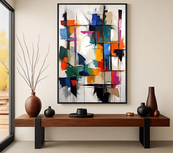 Abstract Geometric Wall Art, Colorful Modern Painting, Large Canvas Artwork, Contemporary Home Decor