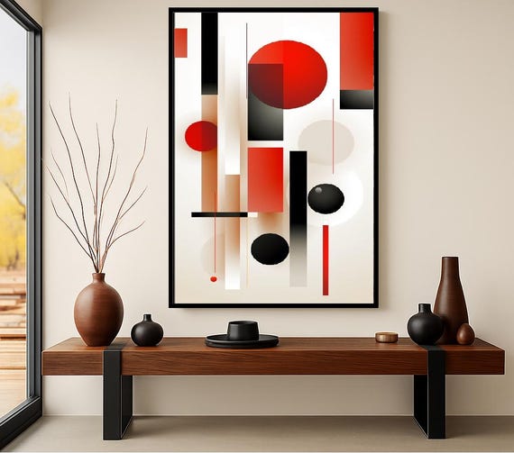 Modern Geometric Abstract Art Print | Minimalist Red Black Wall Art | Bauhaus Style Digital Download | Contemporary Home Decor