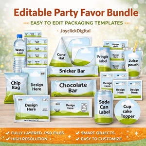 May include: An assortment of editable party favor packaging templates, including water bottle labels, chip bags, cone hats, Snicker bars, chocolate bars, soda can labels, and cupcake toppers. The text on the image reads "Editable Party Favor Bundle".