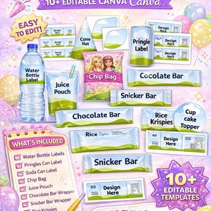 May include: A digital party favor bundle with editable Canva templates. Includes labels for water bottles, chip bags, chocolate bars, and more. The image features a variety of party favor designs, with text that reads "Easy to Edit!" and "Perfect for Birthday Parties."
