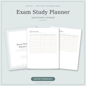 Könnte beinhalten: Ein digitales Exam Study Planner Dokument mit einem Deckblatt, einem Topic Mastery Map Raster und einer Zeitplanseite. Der Text lautet Exam Study Planner, spaced beats crammed, Topic Mastery Map, Schedule und INSTANT DOWNLOAD.