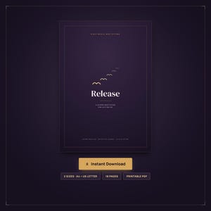 May include: A dark purple digital document cover titled Release, A Guided Meditation for Letting Go, featuring a minimalist line art graphic of five birds in flight. The document includes 18 pages and is available in A4 and US Letter sizes.
