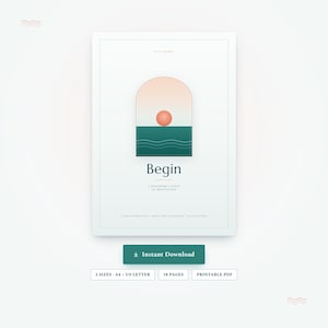 Puede incluir: Una portada de documento digital titulada Begin, A Beginner's Guide to Meditation. El gráfico presenta una ventana arqueada que muestra un sol color melocotón sobre un mar verde azulado oscuro con líneas onduladas. El texto indica Learn to meditate, basic core techniques, A4 & US Letter.