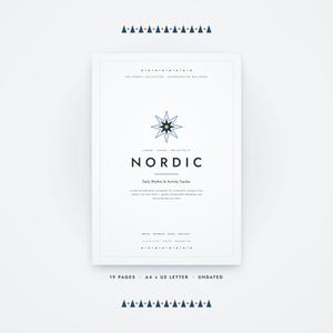 Op de afbeelding: Een witte digitale planner-omslag met de titel NORDIC Daily Rhythm & Activity Tracker. Het bevat een donkerblauw sterpictogram, tekst waaronder LAGOM HYGGE FRILUFTSLIV en MOVE WANDER REST REFLECT. Onderaan staat 19 PAGES, A4 + US LETTER, UNDATED.