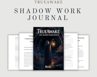 May include: A digital printable "Shadow Work Journal" with the text "TrueAwake" and "Shadow Work Journal". The cover features an illustration of a person holding a lantern in a cave. Includes pages with text about understanding triggers and claiming power.