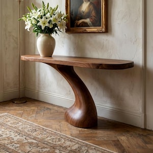 Handcrafted solid wood console table walnut color modern sculptural luxury home decor