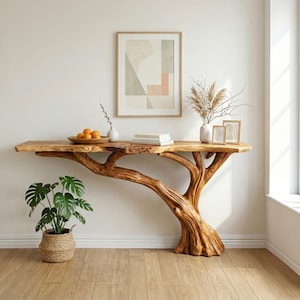Konsolbord med live edge, unikt smalt sidobord i återvunnet massivt trä, handgjorda möbler