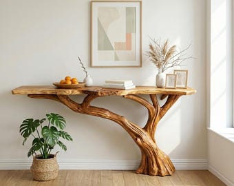 Consoletafel met natuurlijke rand, unieke bijzettafel van gerecycled massief hout, smalle tafel voor aan de muur, handgemaakt meubelstuk.