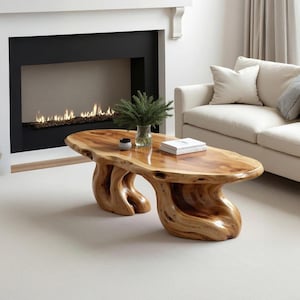 May include: A handcrafted, oval-shaped wooden coffee table with a glossy finish. The table features a unique, organic design with sculpted, curved legs. A vase with greenery, a small dish, and a book rest on the table's surface. The table is in a living room setting.