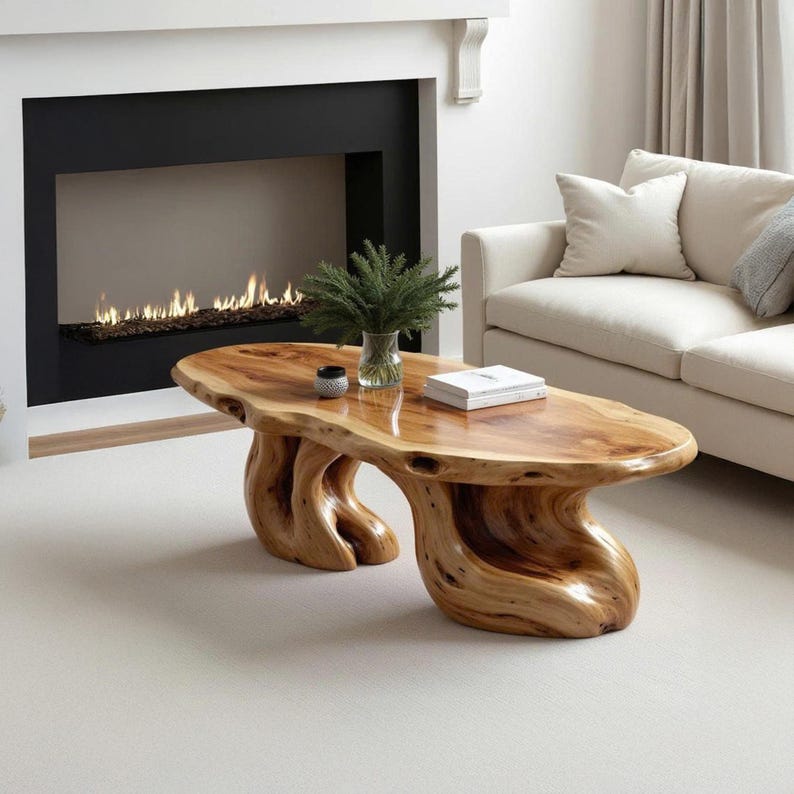 May include: A handcrafted, oval-shaped wooden coffee table with a glossy finish. The table features a unique, organic design with sculpted, curved legs. A vase with greenery, a small dish, and a book rest on the table's surface. The table is in a living room setting.