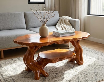 Live Edge Couchtisch mit Regal Kunst handgefertigte benutzerdefinierte Skulptur Holz einzigartige gewellte Tischdekor