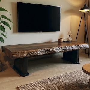 Solid driftwood tv stand media console table natural wood live edge monitor stand handcrafted furniture rustic living room decoration