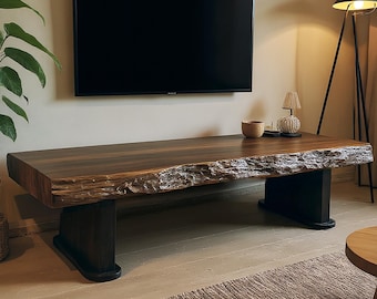 Solid driftwood tv stand media console table natural wood live edge monitor stand handcrafted furniture rustic living room decoration