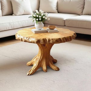 May include: A unique, handcrafted coffee table with a natural wood grain finish. The table features a tree trunk-inspired base and a round top with a live edge. A white vase with white flowers and a small wooden bowl sit on top.