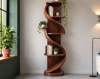 May include: A tall, dark wood bookshelf featuring a continuous, winding S-shaped frame that creates multiple curved display tiers. The unit holds several books and small potted green plants on its various levels, showcasing a distinct, flowing structure.