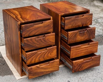 Massief houten nachtkastje met lade, vintage houten kastje, nachtkastje met boekenplank, decoratieve houten meubels