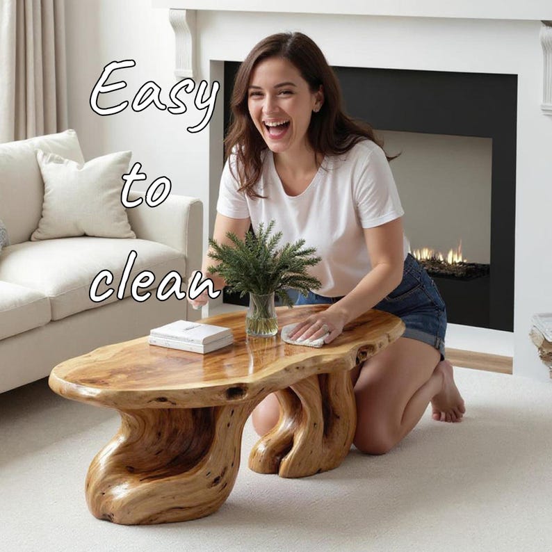 May include: A natural wood coffee table with a unique, organic shape. The table has a glossy finish and is supported by sculpted legs. The text "Easy to clean" is visible on the image.