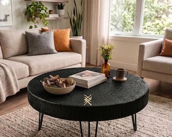 Mesa de centro de madera carbonizada, mesa de madera carbonizada artesanal, mesa de centro de madera maciza con forma de rodaja de yakisugi, mesa de centro redonda negra