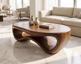 Mesa de centro de madeira natural, peça única e marcante para sala de estar, mobiliário artístico que define o ponto focal da decoração da casa.