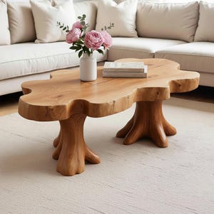 Puede incluir: Mesa de centro de madera natural con forma orgánica. La mesa tiene un acabado marrón claro y patas con forma de tronco de árbol. Un jarrón blanco con flores rosas y libros están sobre la mesa. La mesa está frente a un sofá blanco. La mesa mide unos 120 cm de largo.