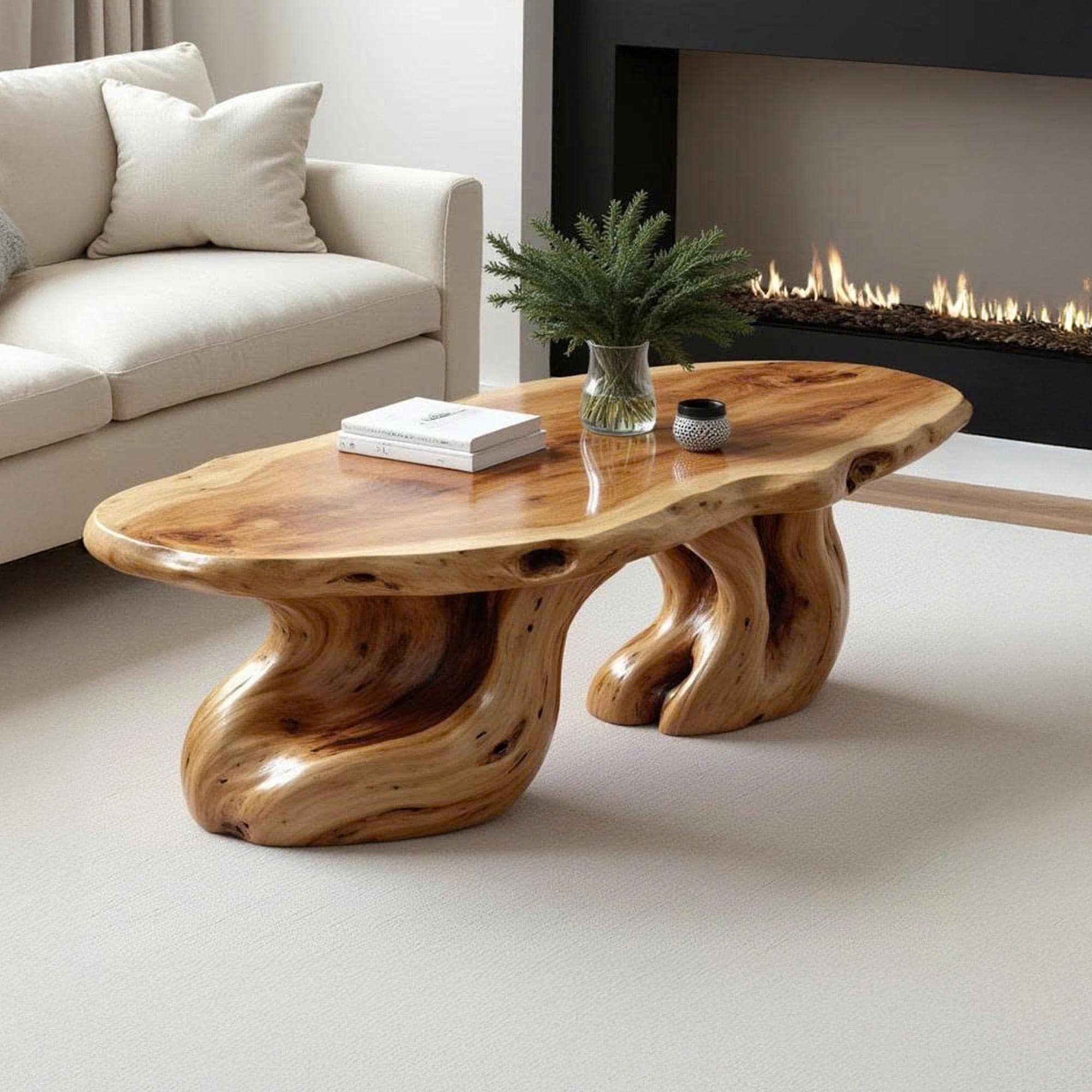 Rustic Coffee Table Wood Sculpture Handcrafted Table Books Custom