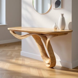 Modern console table solid wood wall mounted shelves narrow hallway table wood sculpture art unique entryway decoration
