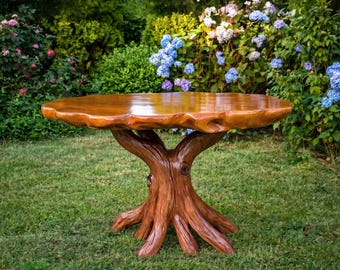 Mesa de centro com borda natural, escultura de toco de raiz, madeira maciça de nogueira, redonda, peça de arte para decoração de casa.