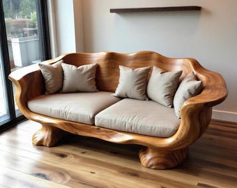 Solid wood sofa live edge furniture mid century bench wood sculpture art handmade and decoration