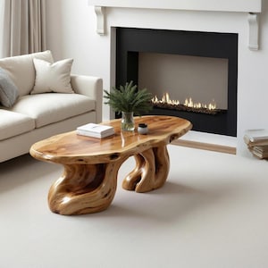 May include: A unique, handcrafted wooden coffee table with a natural, organic shape. The table features a polished, glossy finish, showcasing the wood's grain and color variations. The base has a sculptural, flowing design. A book and small plant sit on the table.