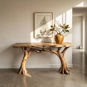 Op de afbeelding: Een houten console met een natuurlijk boomstamontwerp. De tafel heeft een blad met een levende rand en poten van boomtakken. Een ingelijste varenprint en een vaas met bloemen staan op de tafel. De tafel is ongeveer 183 cm lang.