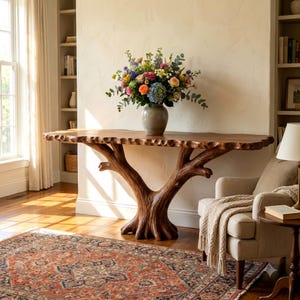 May include: A console table with a natural wood finish featuring a live edge top and a base sculpted to resemble a tree trunk. A ceramic vase filled with a colorful arrangement of roses, hydrangeas, and eucalyptus sits on the table surface.