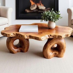 Live edge wood coffee table wood sculpture table handcrafted center table living room unique furniture