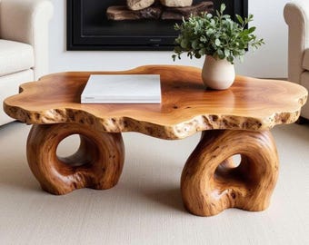 Live edge wood coffee table wood sculpture table handcrafted center table living room unique furniture