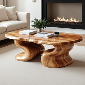 May include: A unique, wooden coffee table with a natural, organic shape. The table features a light brown, oval top and a sculptural base with a swirling design. The table is approximately 48 inches long and 24 inches wide.