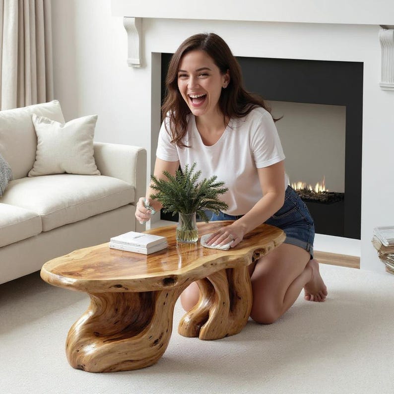 May include: A natural wood coffee table with a unique, organic shape. The table has a glossy finish and is supported by sculpted, root-like legs. A small vase with greenery and a book are on the table.
