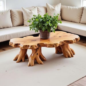 Puede incluir: Una mesa de centro de madera hecha a mano con un diseño de borde natural. La mesa presenta una tapa de forma orgánica de color marrón claro sostenida por cuatro patas con forma de tronco de árbol. Una cesta tejida con una planta verde se encuentra sobre la mesa.
