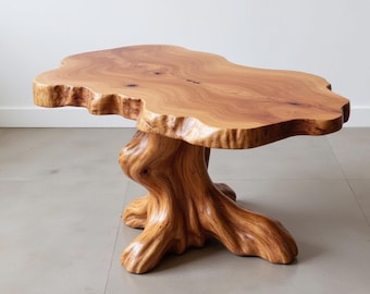 Mesa de centro com escultura em madeira maciça, mesa lateral feita à mão, mesa com tronco de árvore com borda viva, móveis rústicos, decoração para casa