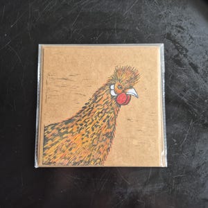 Carte gros plan poule imprimée à la main