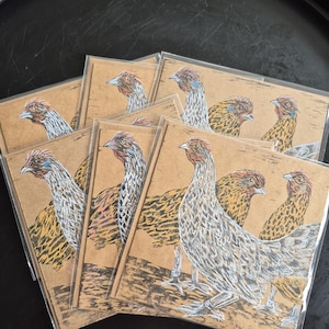 Carte Trois poules imprimée à la main