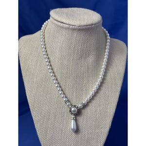 Vintage Plastic Faux Pearl Necklace Clear Rhinestone Silvertone Fishhook Clasp