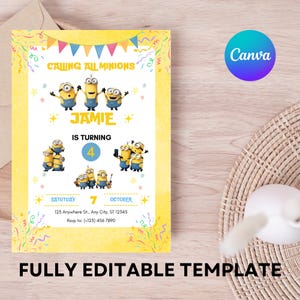 Puede incluir: Una invitaci&oacute;n de cumplea&ntilde;os amarilla y azul con los personajes de los Minions de la franquicia Despicable Me. La invitaci&oacute;n es para un ni&ntilde;o llamado Jamie que cumple cuatro a&ntilde;os. La invitaci&oacute;n incluye la fecha, la hora y el lugar de la fiesta. El texto "Calling all Minions" est&aacute; en la parte superior de la invitaci&oacute;n.