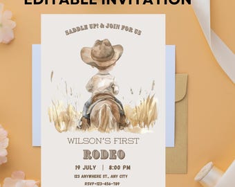 First Rodeo Invitation Template, Wild West Birthday Invite, Boy Cowboy Birthday Invitation, My 1st Rodeo Invitation, 5x7 DIY Editable Canva