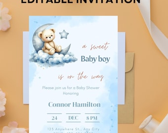 Boho Teddy Bear Baby Shower Invitation: Gingham Blue (Editable Template)