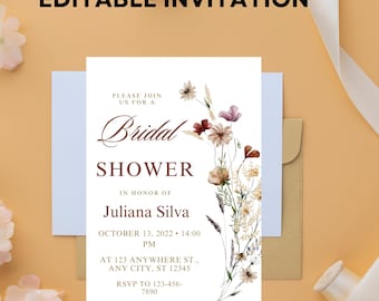 Wildflower Bridal Shower Invitation Template: Floral Boho Design (Canva Editable, Digital Download)