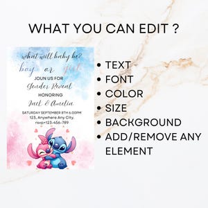 Stitch Gender Reveal Invitation: Pink & Blue, Editable Canva Template image 6