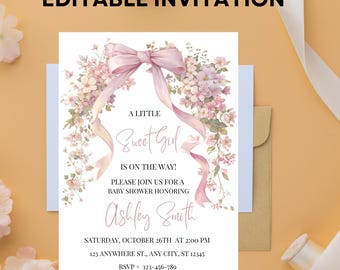 Pink Bow Baby Shower Invitation: Floral Girl Invite (Editable Canva Template, Digital Download)