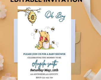 Editable Winnie the Pooh Baby Shower Invitation, Digital Invitation Oh Boy, Winnie The Pooh Invitation, Pooh Printable Template, Pooh Baby