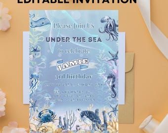 May include: An invitation card with an underwater theme. The card features illustrations of marine life, including a whale, octopus, seahorse, and jellyfish. The text reads "Please Join Us Under The Sea to celebrate Jamie's 3rd birthday."