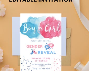 Gender Reveal Invitation | Editable Template | Pink or Blue, He or She Watercolor Invite